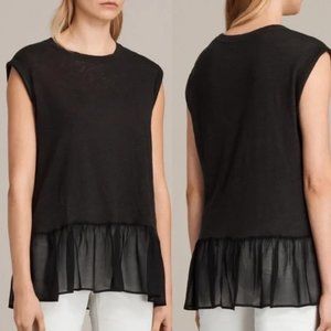 EUC AllSaints Jody 100% Linen Body Ruffle Hem Tee Black Sz S